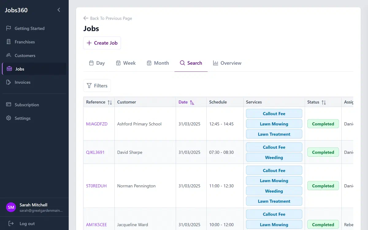 Completed jobs in Jobs360 — every job here is headed for an invoice unless it&rsquo;s marked non-chargeable