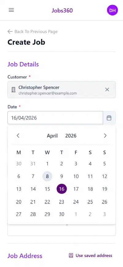 Jobs360 mobile create job screen