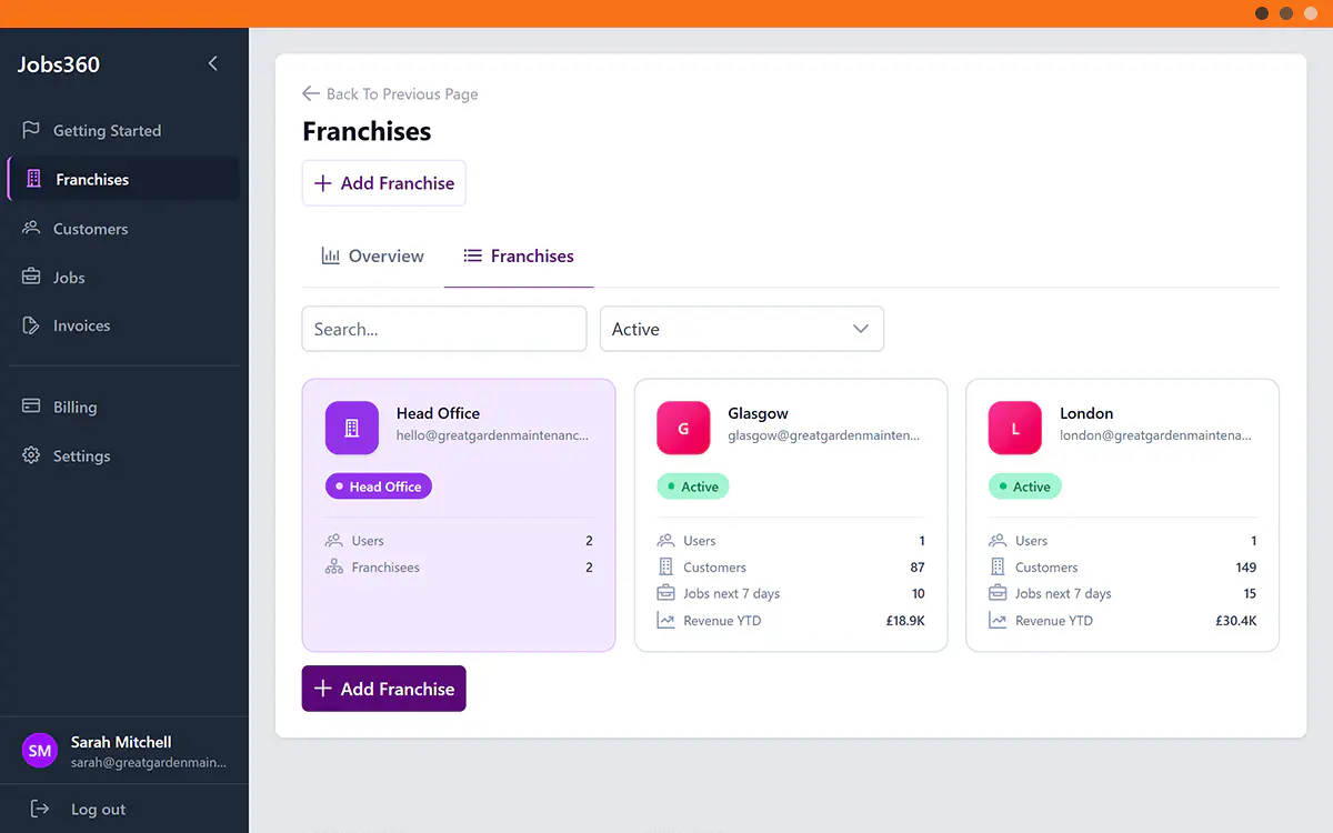 Jobs360 franchise management dashboard